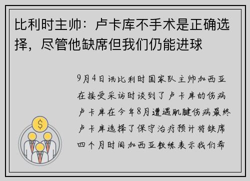 比利时主帅：卢卡库不手术是正确选择，尽管他缺席但我们仍能进球
